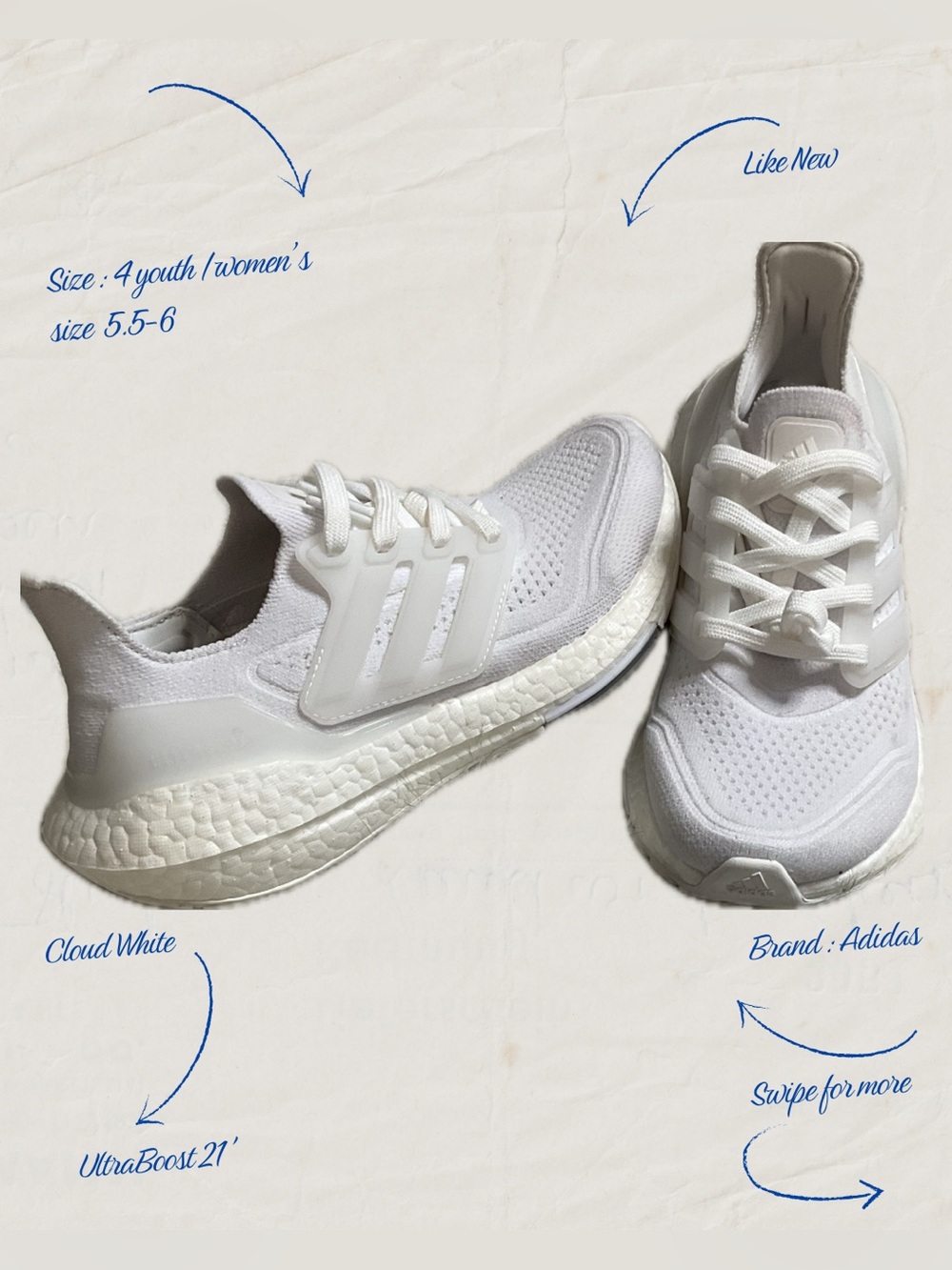 Adidas Ultraboost 21 Running Shoes Triple White Size 4 Youth
